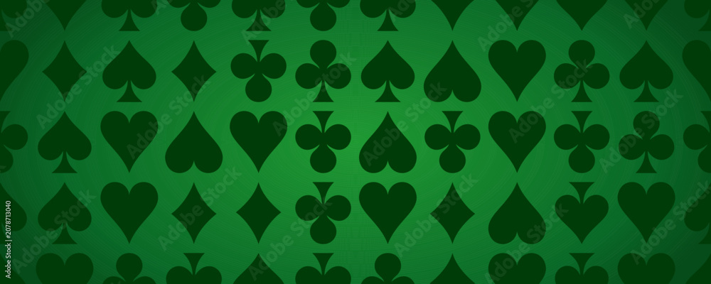 Fototapeta premium Casino poker suits seamless pattern, spades, hearts, clubs, diamonds texture on felt dark green background. Playing card symbols backdrop for gambling games, casino banners. Vector illustration.