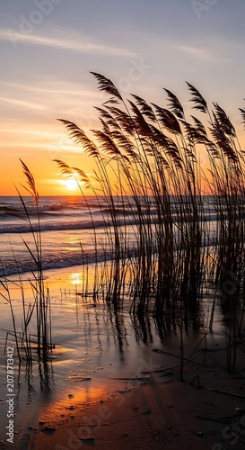 Serene Sunset Over Reeds and Water Reflection at Beach.