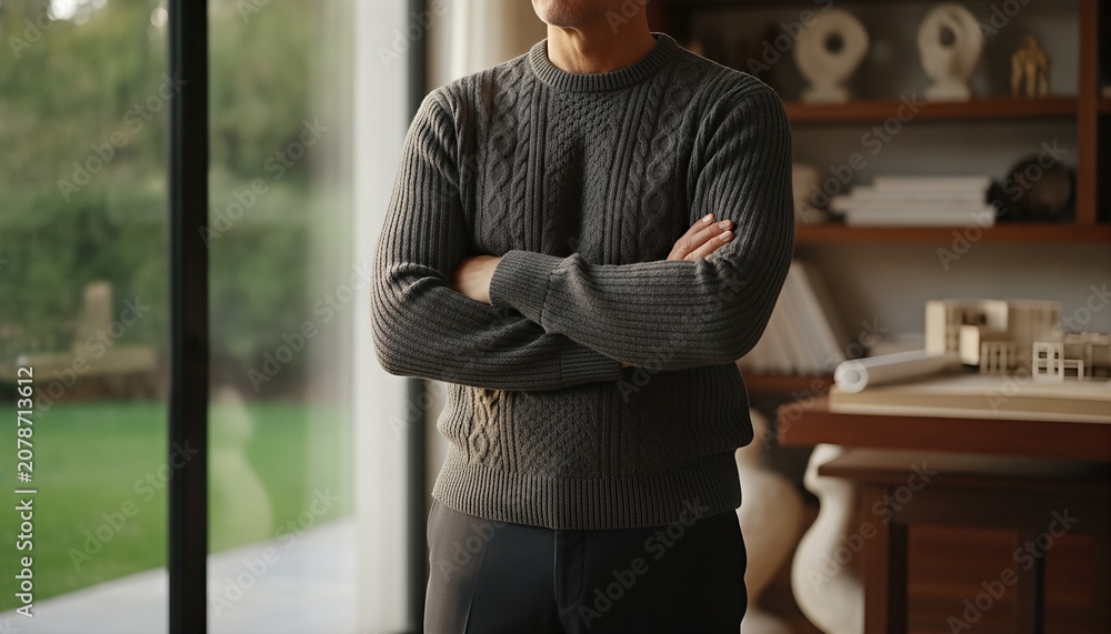 Fototapeta premium Middle aged man standing pensively by a large window in a modern study, arms crossed while looking over a tranquil garden landscape