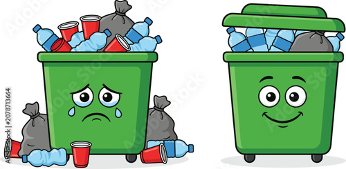 Schilderij op canvas Cartoon sad overflowing trash bin and happy clean recycling bin waste management