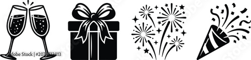 Photos Celebration and party silhouette vector icon set featuring champagne glasses, gi