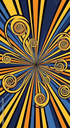 Abstract Spiral Pattern with Radiating Lines and Swirls in Vibrant Colors.