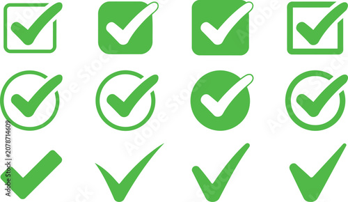 Checklist symbols in green tones indicate various forms of confirmation, success, and task completion indicators.
