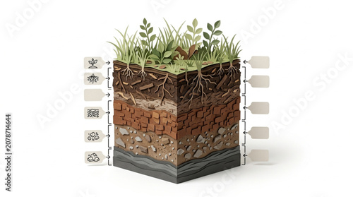 Tableau sur toile Cross section of soil layers with plant roots and vegetation.