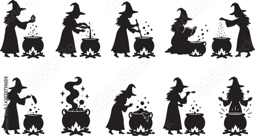 Minimal Black Halloween Witch Potion Making Silhouette Collection Set with Cauldron, Magic Spell and Alchemy Vector
