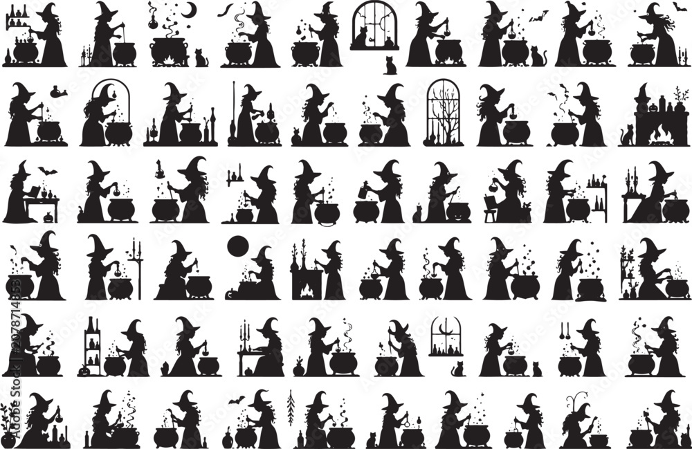 Obraz premium Halloween Witch Storytelling Silhouette Mega Collection – Black Magic, Potion Brewing, Wizard, Cat, Cauldron, Pumpkin, Seasonal Vector Clipart Bundle