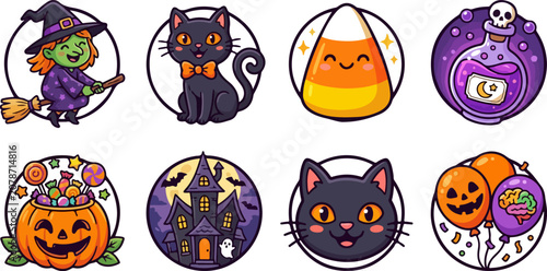 Cuadro en lienzo Halloween icons stickers candy pumpkin witch cat haunted house