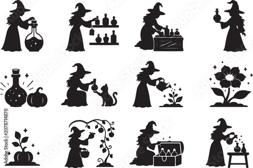 Halloween Witch Storytelling Silhouette Mega Bundle – Black Magic, Potion Making, Cat, Cauldron, Pumpkin, Nature and Wizard Activity Vector Collection
