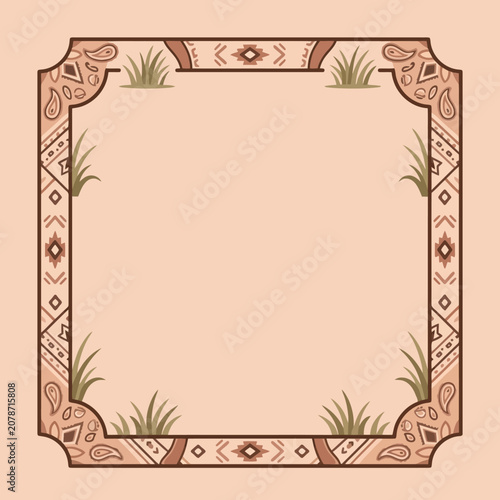 Boho style square frame with tribal patterns and grass