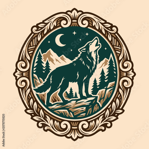 A howling wolf stands within an ornate vintage frame