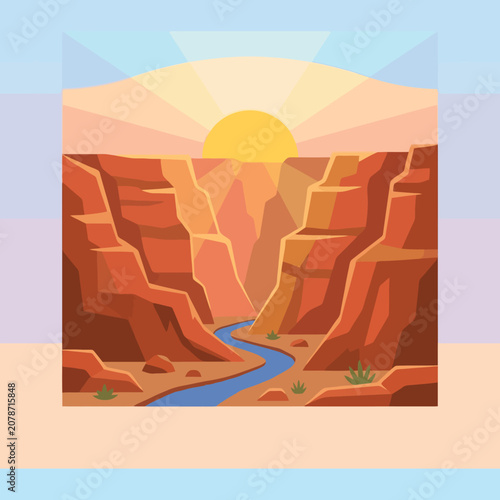 A stylized canyon landscape at sunset