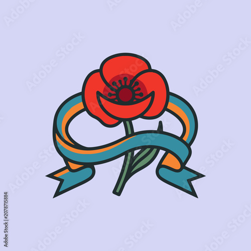 Red poppy flower with a blue ribbon banner