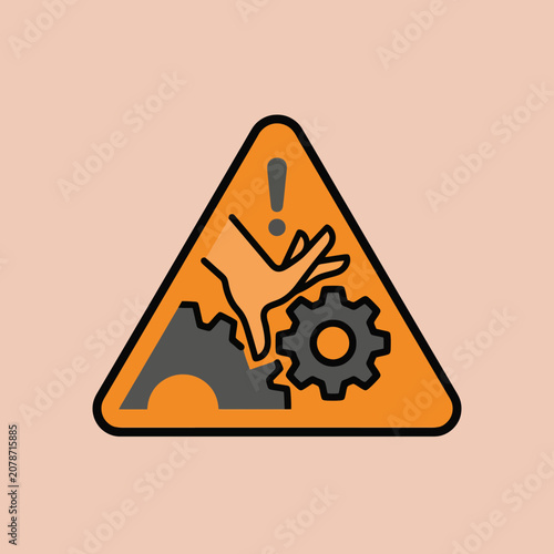 Industrial safety warning sign with hand and gears