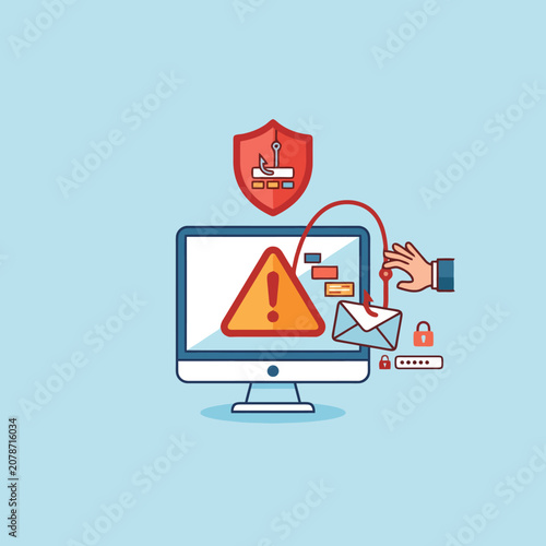 Computer security alert with phishing hook icon