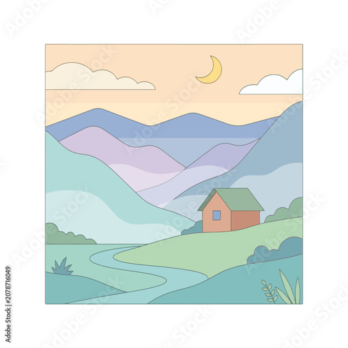 A peaceful mountain landscape with a small house