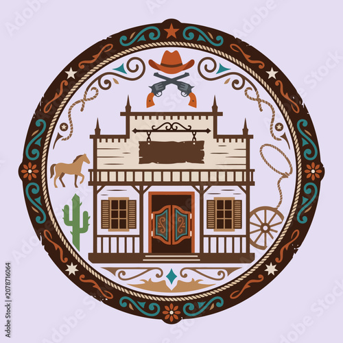 Vintage wild west saloon emblem with cowboy icons