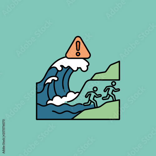 Tsunami warning icon showing people running from a wave
