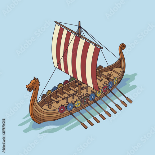 A wooden viking longship sails on blue water