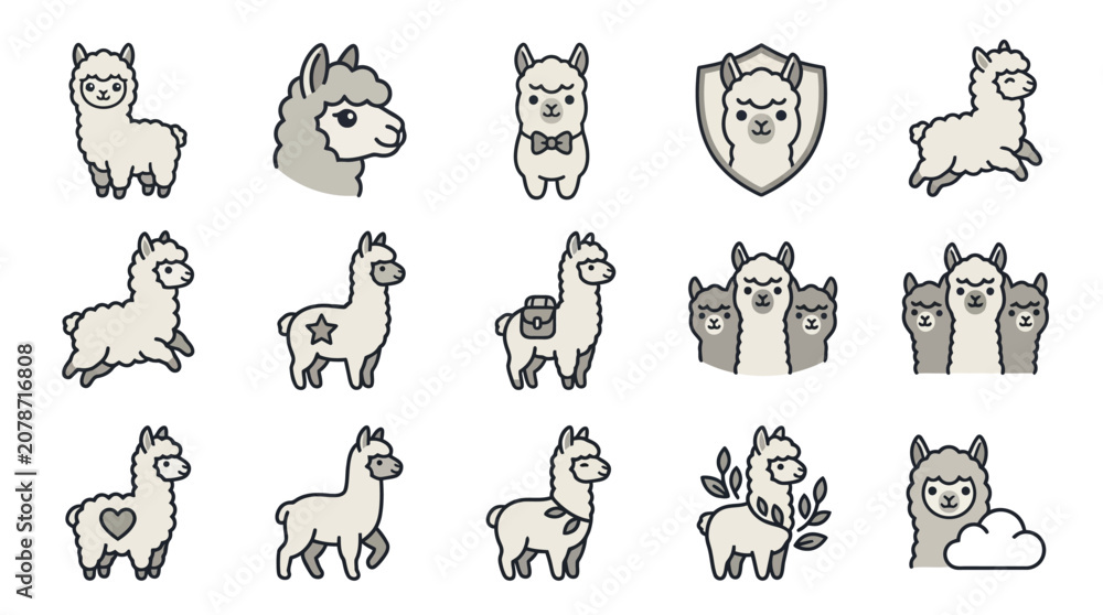Obraz premium Charming alpaca character icons with decorative accessory elements.