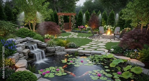 Serene Garden Landscape with Waterfall and Lily Pond.