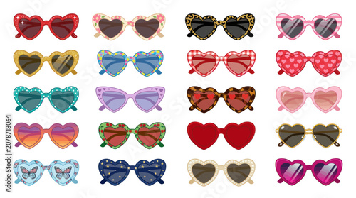 Heart shaped sunglasses set with different patterns and vibrant colors