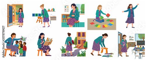 Set of teacher character illustrations in various classroom activities, school education concept, female teacher reading to kids, organizing classroom, and walking to school.
