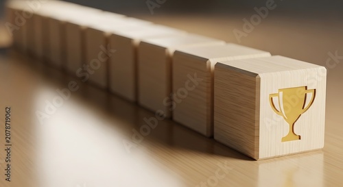 Wooden blocks with gold trophy on one block in a row on a table