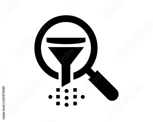Black icon of magnifying glass with funnel Vector, illustration