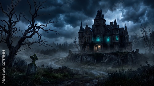 Spooky haunted house on a hill with a graveyard during halloween
