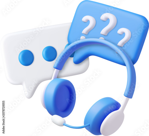 3D Call center. Headphones with speech bubble message.