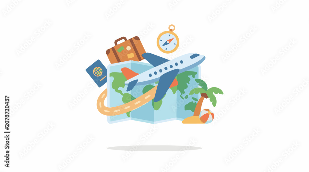 Fototapeta premium Colorful travel illustration with airplane map and luggage on white background
