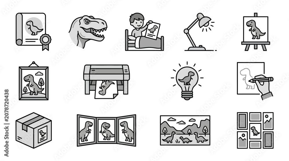Fototapeta premium Dinosaur education and creative activity line icon set.