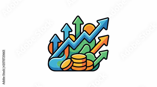 Colorful upward arrows and coins represent financial growth