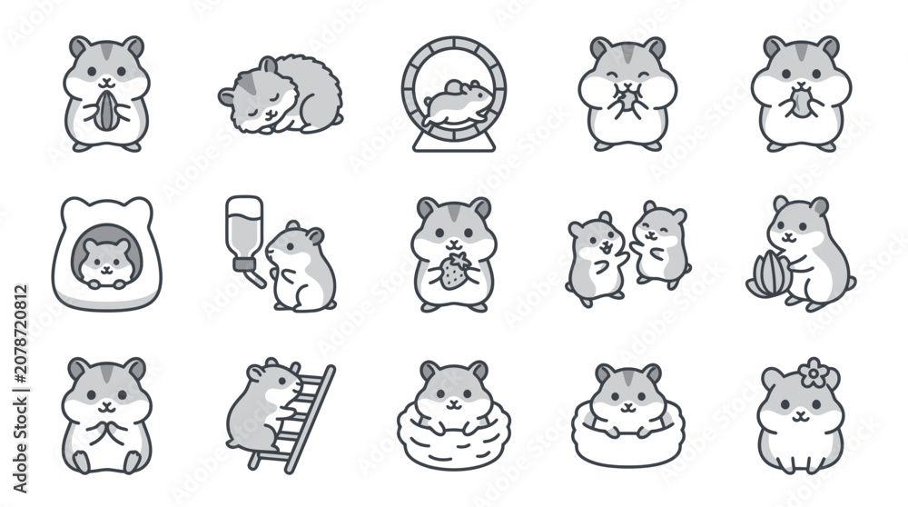 Obraz premium Hamster activities and pet care line icon set.