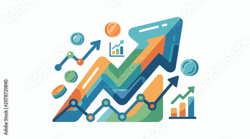Colorful upward trending graphs and coins symbolizing growth