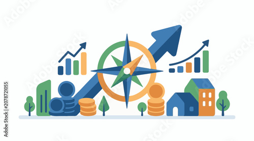 Compass guides financial growth with houses trees and charts