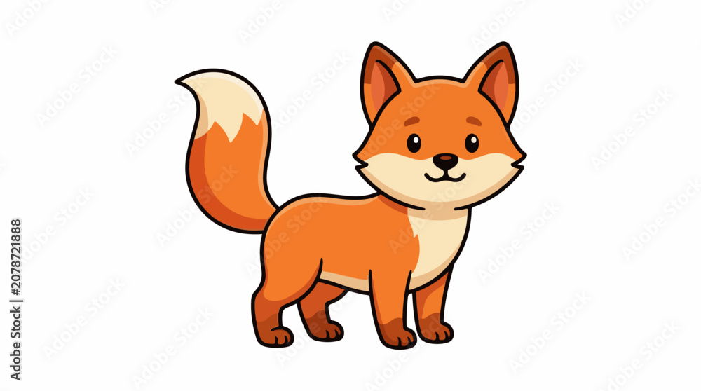 Fototapeta premium Cute cartoon fox with orange fur and bushy tail on white background