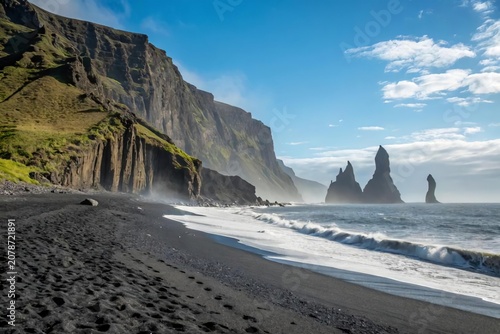 Majestic Black Sand Beach with Towering Cliffs and Sea Stacks