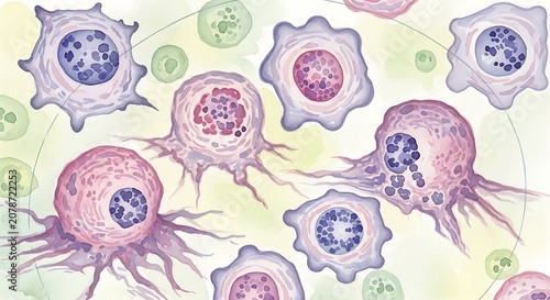 Illustration of Diverse Human Blood Cells and Leukocytes.