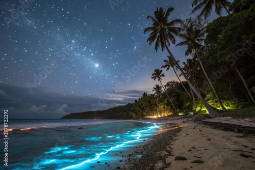 Serene Night Beach with Glowing Waves and Starry Sky Overhead