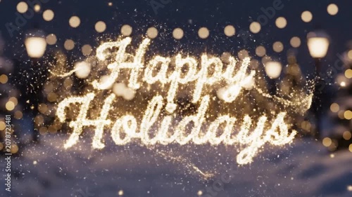 Sparkling Happy Holidays text written with glowing lights on a snowy winter background.