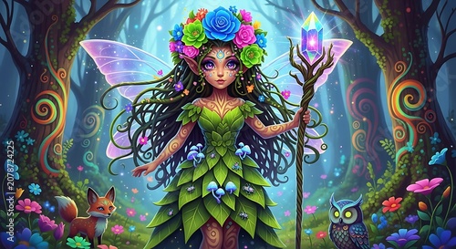 Fantasy Forest Fairy with Magical Staff in Enchanted Woods.