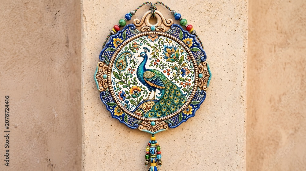 Decorative circular ceramic wall plate featuring a vibrant peacock illustration surrounded by intricate floral patterns and paisley motifs with bright blue yellow and green 