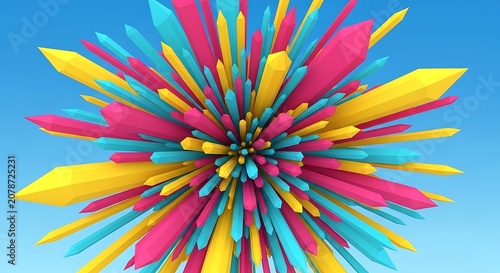 Explosion of vibrant geometric shapes against a blue sky background