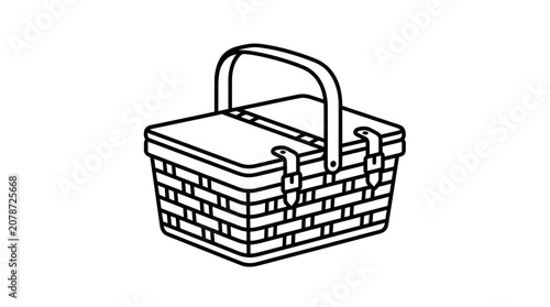 Foto Woven picnic basket with handle and buckle straps line art
