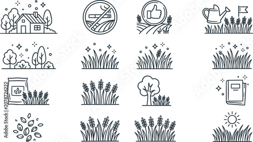 Foto Agriculture and organic farming line icon set featuring wheat field country hous