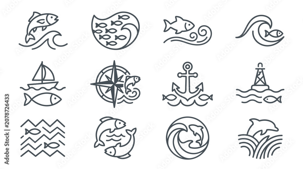 Obraz premium Ocean adventure and nautical line icons set.