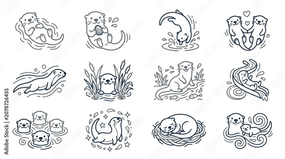 Fototapeta premium Otter family and sleeping wildlife line art icons.