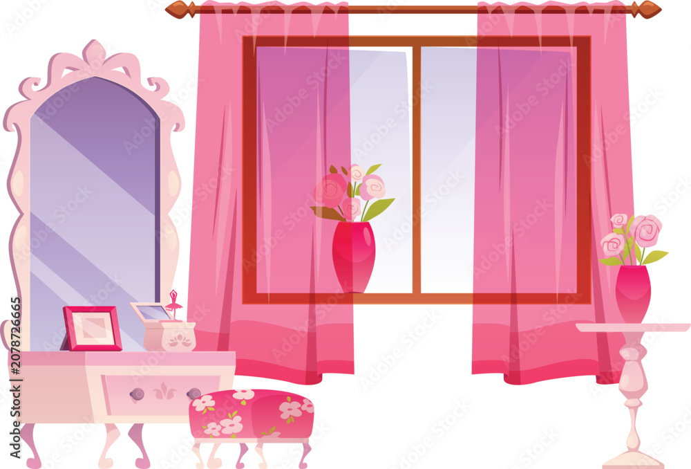 Obraz premium A feminine pink room interior with a window, curtains, a mirror, an ottoman, and vases of roses.