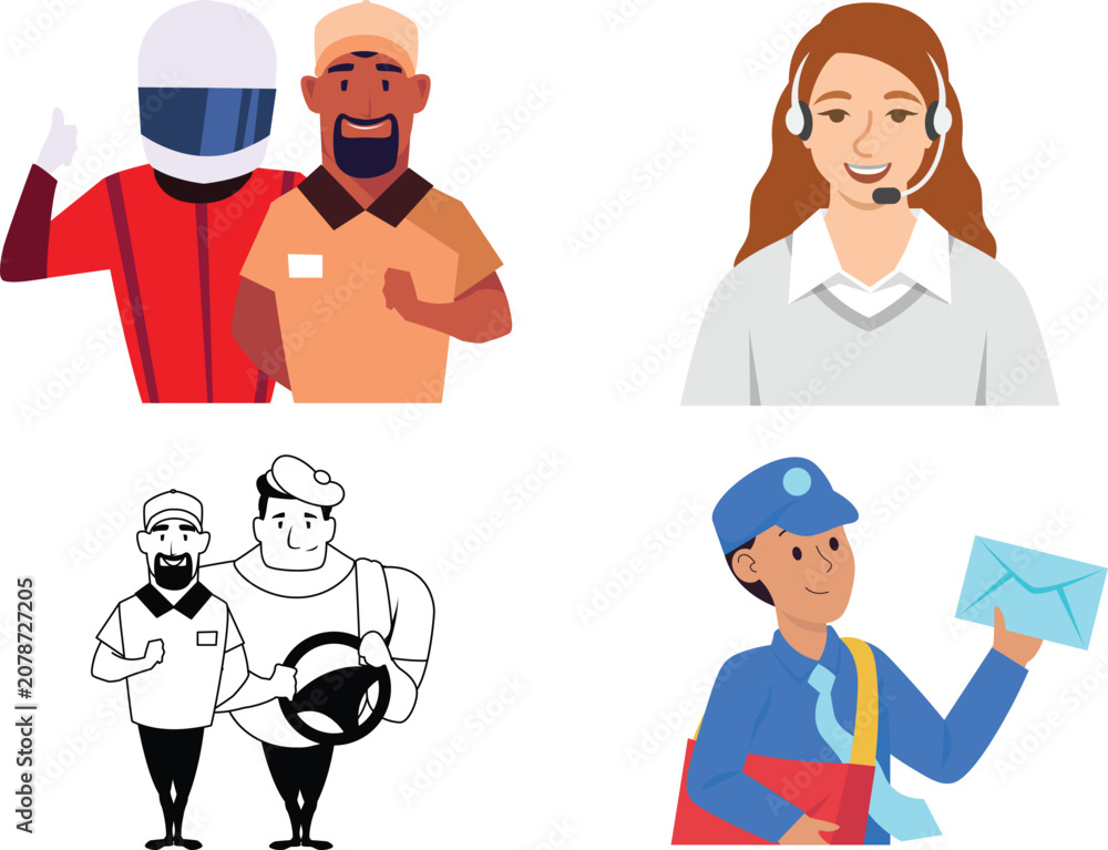 Fototapeta premium Delivery courier postal worker mailman and call center customer service support character set icon.